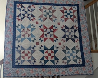 Handmade Americana Star Quilt, Red White Blue Patchwork, Cottage Decor Lap Quilt