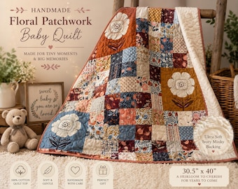 Manta de bebê floral estilo boho patchwork com verso em tecido minky marfim | Manta de bebê artesanal de herança | Decoração para quarto de bebê com tema florestal | Presente para chá de bebê