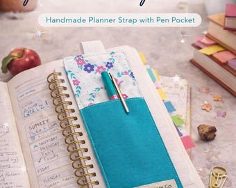 Alça floral para agenda com bolso para caneta | Faixa turquesa para caderno, acessório feito à mão