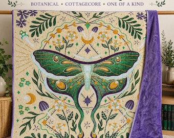 Colcha Luna Moth, Manta Botanical Cottagecore, Cobertor Minky Roxo, Decoração Bruxa