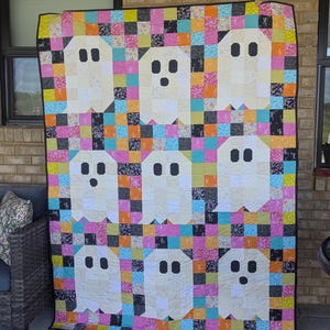 Handmade Halloween Ghost Quilt | Colorful Patchwork Throw (58" x 76.5")