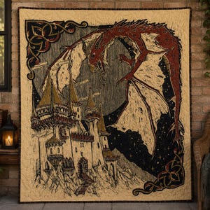 May include: A rectangular quilt featuring a detailed illustration of a large red dragon soaring above a stone castle. The design includes black line work, gold accents on the castle towers, and a dark starry sky background with decorative corner borders.
