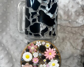 Cow print glass cup with lid