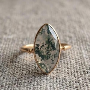 Anel oval natural de ágata musgosa em prata de lei, joia boho statement, presente de aniversário para ela.