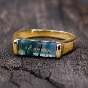 Moss Agate Ring Long Rectangle Bar Band, Sterling Silver Weeding Ring, Anniversary Gift