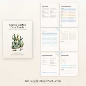Puede incluir: Un paquete de cuidado de cactus costeros, una guía para cultivar una colección sana. La portada presenta una ilustración de acuarela de cactus en macetas. Páginas adicionales incluyen una guía de cuidado de cactus, un rastreador de riego y un registro de crecimiento. El texto dice: "El regalo perfecto para los amantes de las plantas."