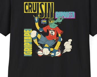 Cruisin on Griptape and Ibuprofen Skate Skeleton T-Shirt  Funny Skateboarding Graphic Tee  Dark Humor Streetwear Shirt Old Skateboarders