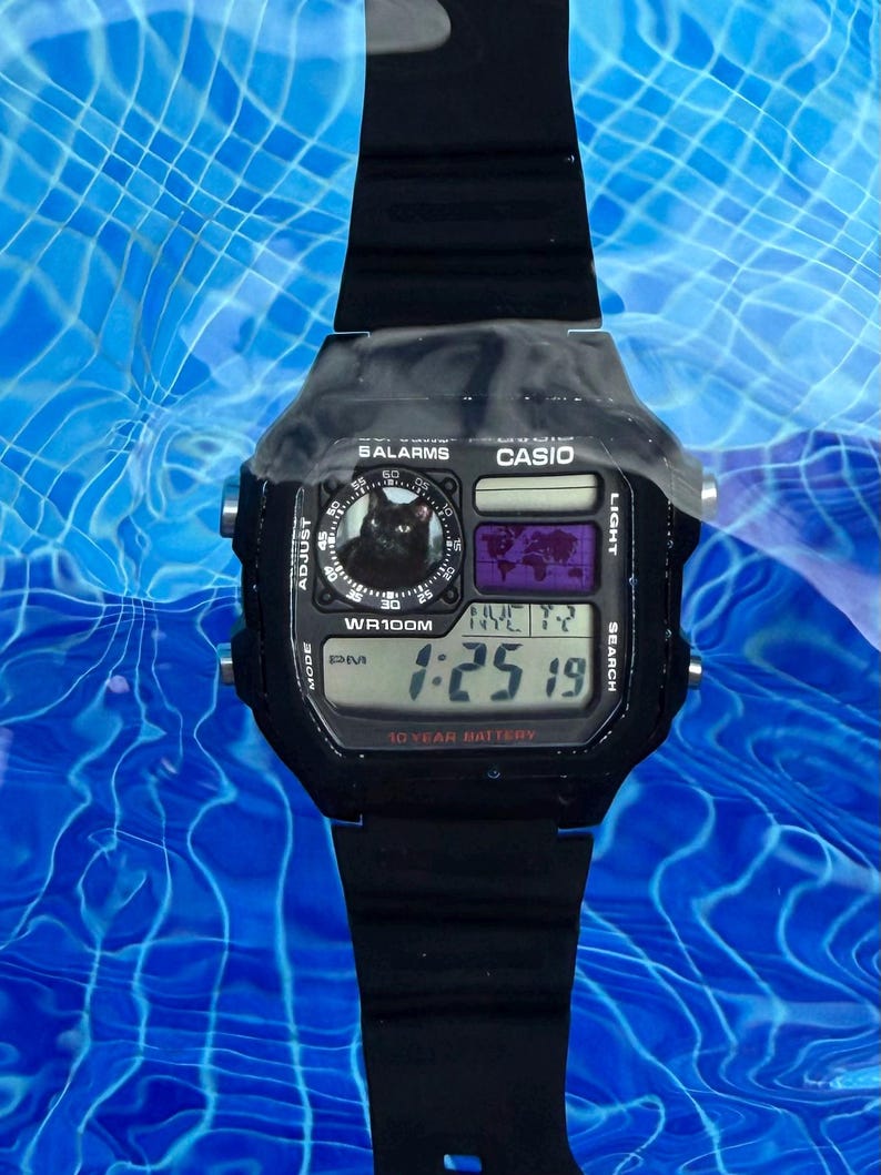 May include: A black Casio digital watch with a black resin strap, featuring a square face with a digital time display, a world map graphic, and a circular inset showing a black cat. The watch face displays the text WR100M and 10 YEAR BATTERY.