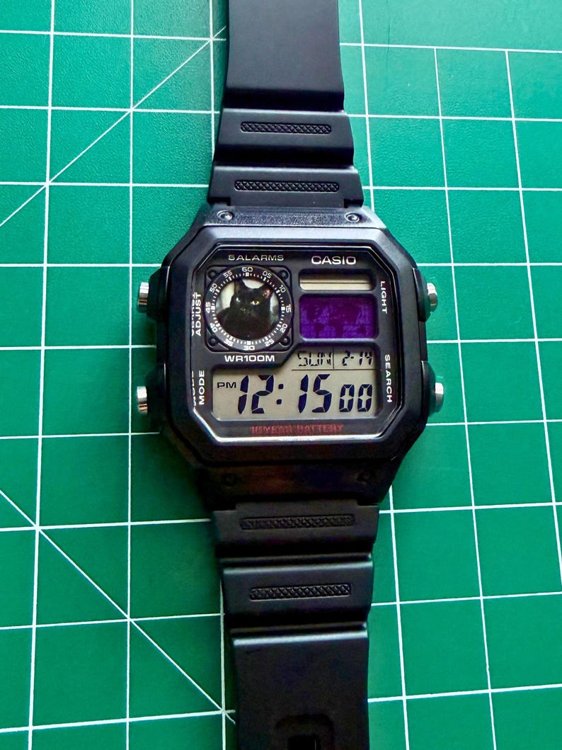 May include: A black Casio digital watch with a resin strap and a square case. The watch face features a small circular graphic of a black cat, a purple digital display, and text including 5 ALARMS, WR100M, and 12:15 PM on the main screen.
