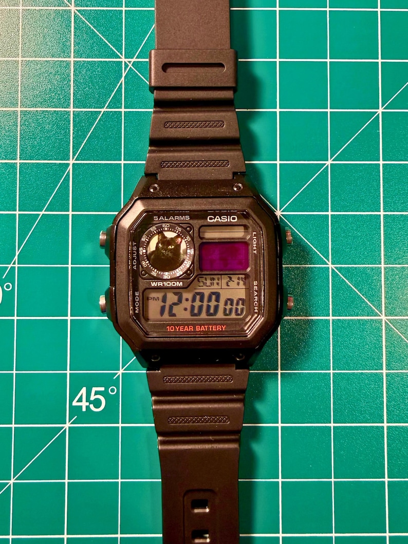 May include: A black Casio digital watch with a resin strap, featuring a square face with a black cat graphic in the circular sub-dial, a digital time display showing 12:00, the text 10 YEAR BATTERY, and four silver-tone side buttons for control.