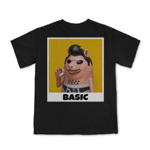 May include: Black t-shirt featuring a graphic of a cartoon character with sunglasses and a pompadour hairstyle, holding a cigarette. The character is in a yellow-bordered frame with the word "BASIC" at the bottom.