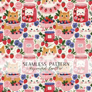 May include: A seamless pattern featuring orange and white cats, pink bowls filled with berries, red jam jars labeled Catter Jam, and pink roses on a white background. The design includes strawberries and purple pansies throughout the illustration.