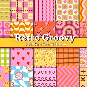 May include: A digital paper pack featuring 21 patterns with the text Retro Groovy Digital Paper Pack, 21 Patterns. The designs include colorful grids, wavy lines, flowers, stars, hearts, and smiley faces in shades of pink, orange, yellow, and blue.
