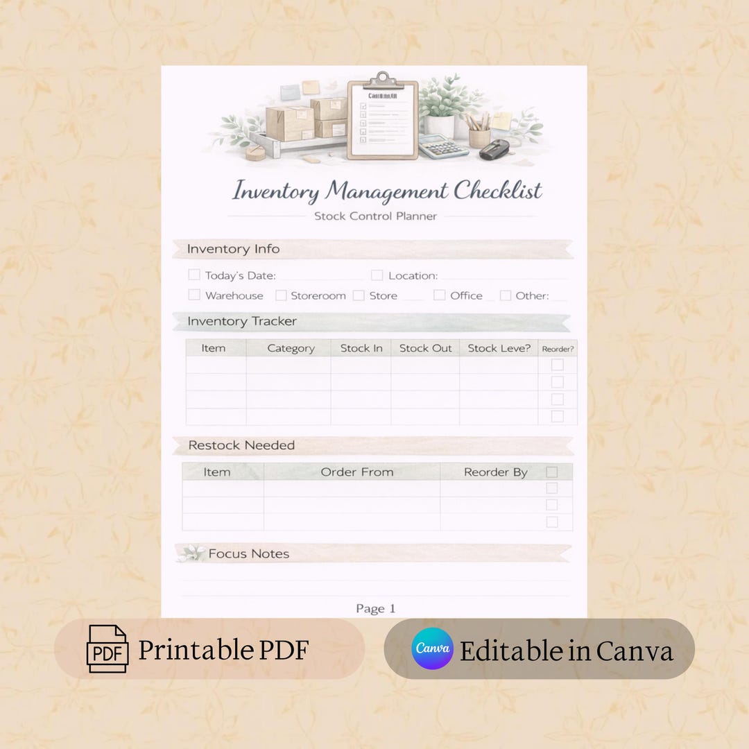 Inventory Management Checklist Printable PDF | Canva Editable Template ...