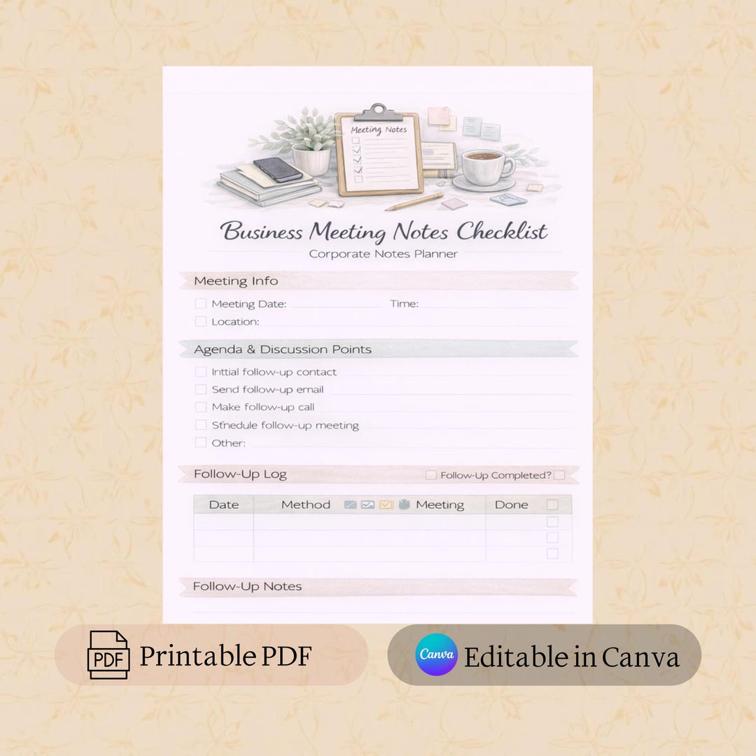 Business Meeting Notes Checklist Printable PDF | Canva Editable ...