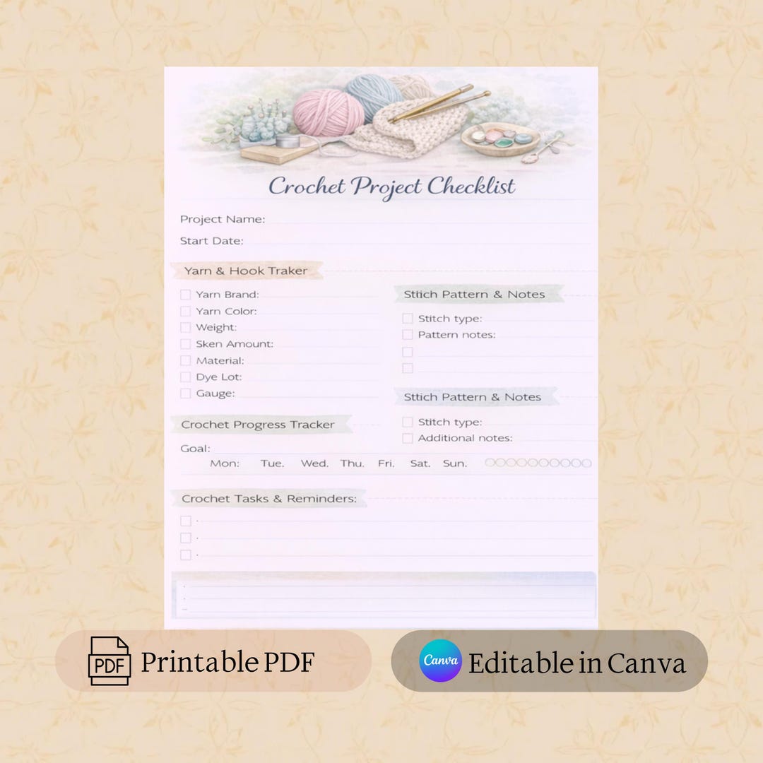 Crochet Project Checklist Printable PDF | Canva Editable Template | Yarn Craft Planner - Etsy