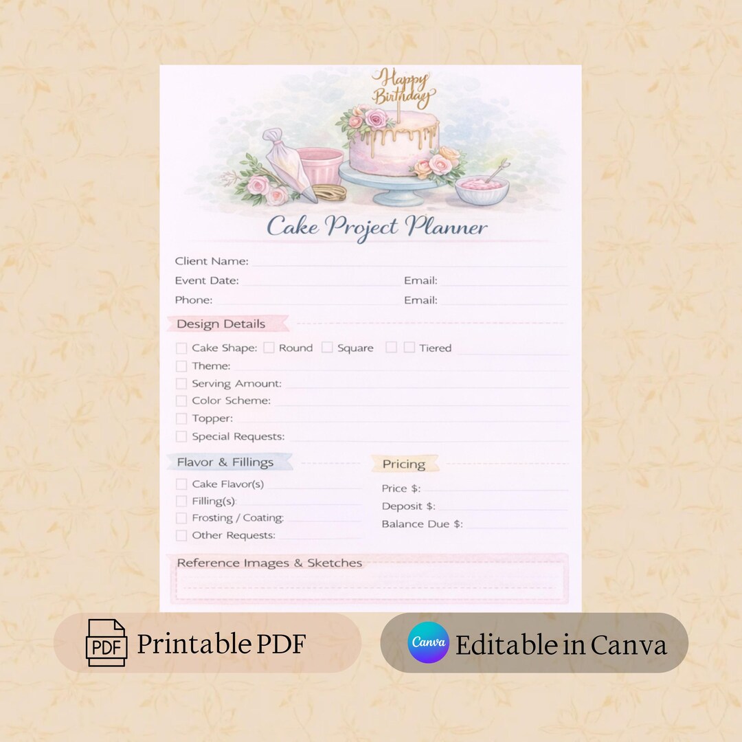 Cake Project Planner Printable PDF | Canva Editable Template | Custom ...