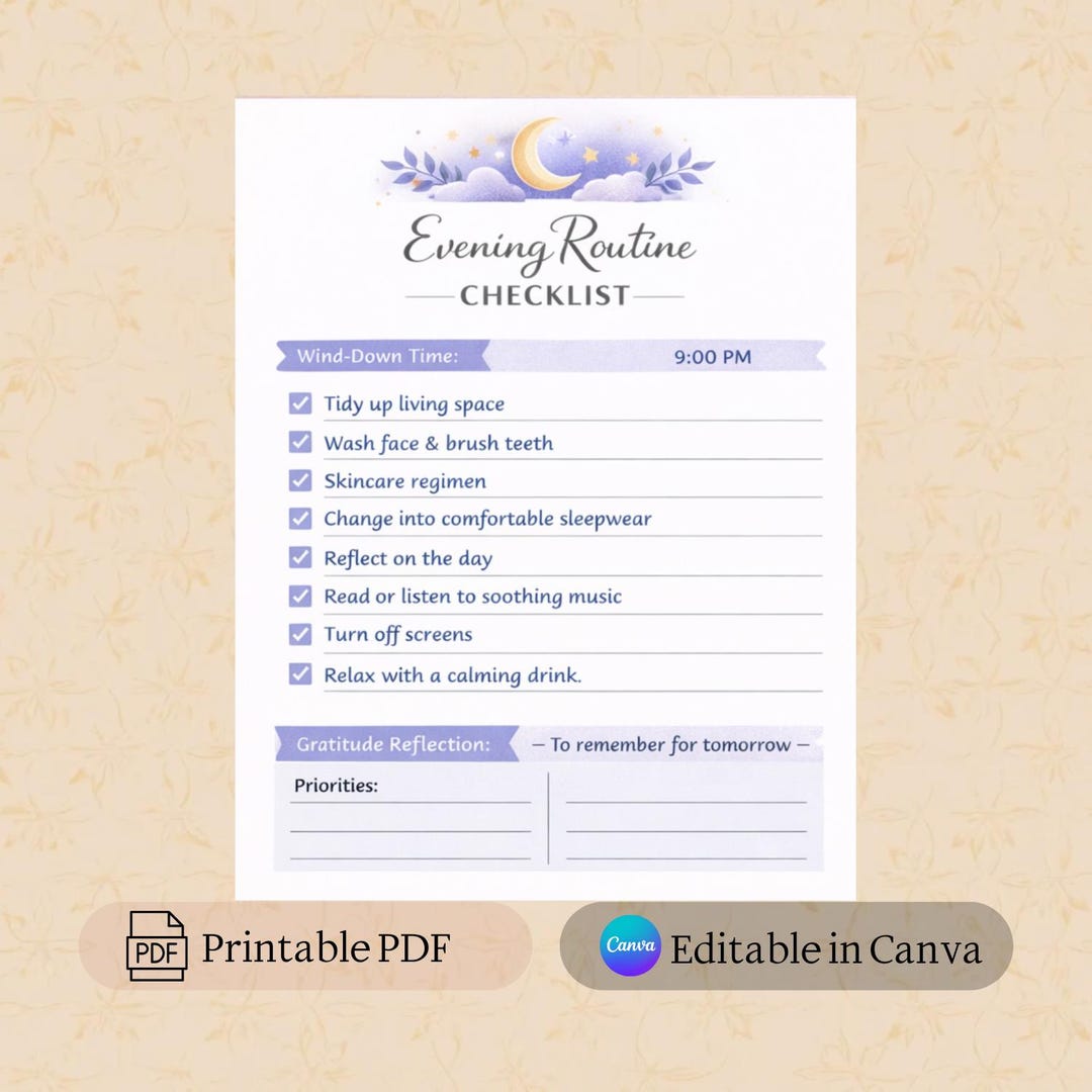 Evening Routine Checklist Printable PDF | Night Routine Planner | Daily ...