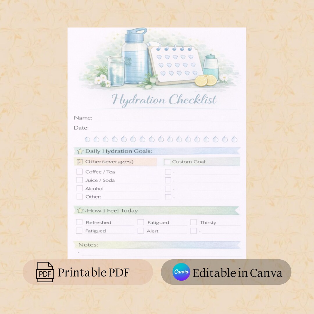 Hydration Checklist Printable PDF | Daily Water Tracker | Wellness ...