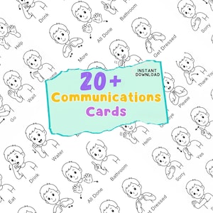 以下が含まれることがあります： 手話を使った子供のイラストが描かれた、白いコミュニケーションカードのパターン。カードには「飲む」「トイレ」「着替える」などのフレーズが含まれています。中央のバナーには「20+コミュニケーションカード」と書かれています。
