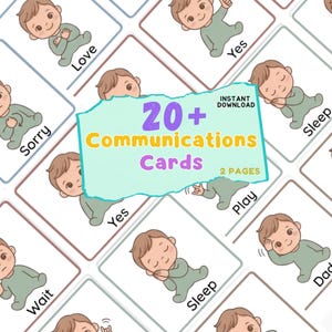 May include: A collection of baby communication cards with illustrations and words like "Love," "Sleep," and "Yes." The cards feature a cartoon baby in a green onesie. The central card reads "20+ Communications Cards."