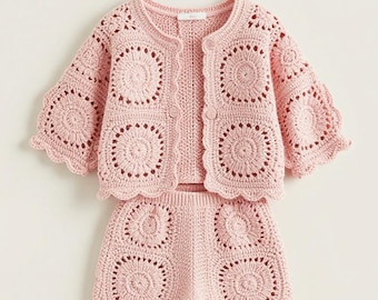 Patroon zomeroutfit gehaakt babymeisje, set oma vierkant vest en shorts, handgemaakte babyjurk, pdf-download, zomerjurk gehaakt, gehaakt