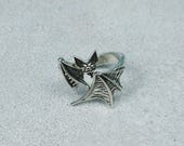 Vintage Silver Bat Wrap Ring, Gothic Resizable Open Band, Vampire Witchcore Dark Spooky Halloween Handmade Alternative Statement Jewelry