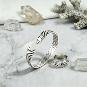Adjustable 925 Sterling Silver Fish Ring Bracelet,Koi Shaped Silver Jewelry Set, Cuff Bracelet & Ring, Bangle Gift for Her