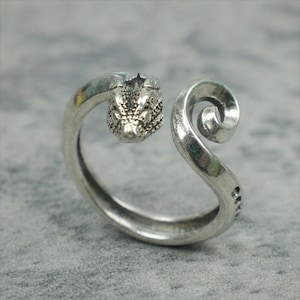 Può includere: Un anello aperto color argento con una testa di animale dettagliata e testurizzata su un'estremità e una coda a spirale liscia e affusolata sull'altra. Il metallo ha una finitura lucida con aree scure che mettono in risalto le squame.