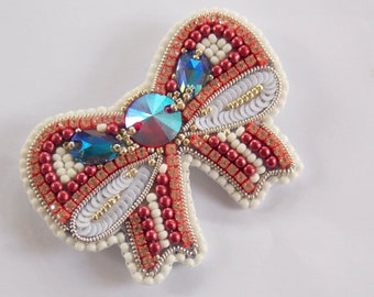 Bow brooch, cute dress ornament Pin , Bead Embroidery,  Brooch,  Seed bead jewelry, Elegant brooch,