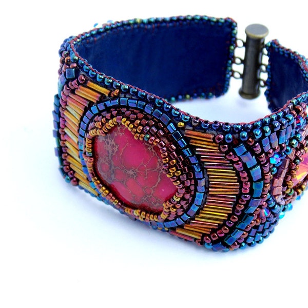 Bead Embroidery Bracelet   OOAK    Seed bead bracelet  Dark blue Red   Swarovski Sea sediment jasper