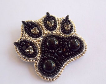 Paw brooch, cute pin,  Bead Embroidery,  Brooch,  Seed bead jewelry, Elegant brooch,  black-silver colors