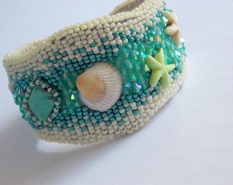 Caribbean beach cuff , Bead Embroidery Bracelet, Statement, Beadwork, Seed bead bracelet, African turquoise, sea shell,