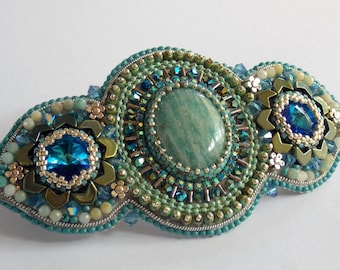 Jasmine barrette, Bead embroidery ,Amazonite gemstone , Seed bead hair jewelry, hair clip, Preciosa crystal, sea colors, Sparkly hair clip