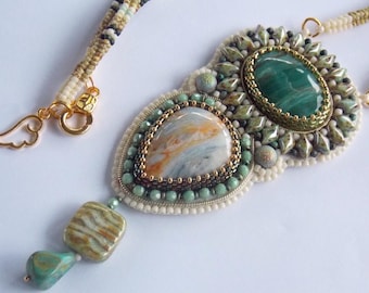 Harmony necklace ,   Green Jasper and Blue Rhodochrosite gemstone ,African turquoise bead, Bead Embroidery, Seed beaded jewelry