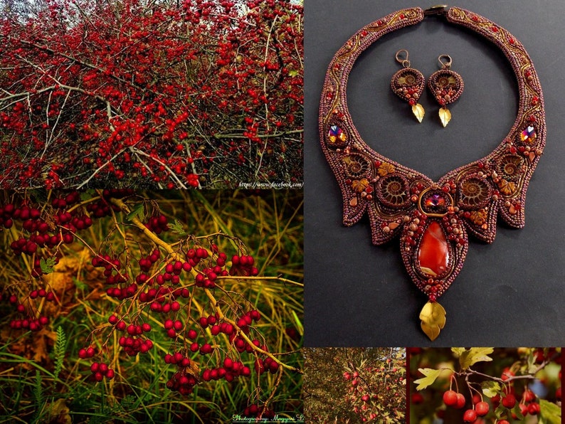 May include: A collage of images featuring a red berry bush, a necklace with a large red gemstone, and a pair of earrings with red gemstones. The necklace and earrings are made with beads and have a gold-tone finish.