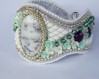Awakening nature bracelet , cuff, fresh  colors, Bead Embroidery, Trending jewelry , modern style, dendrite opal  , fluorite  gemstone