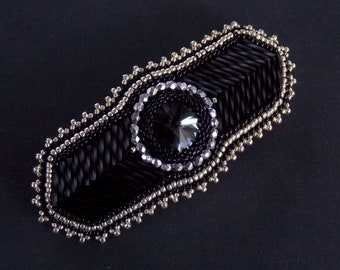 Classic barrette , modern jewelry, swarovski hair pin, Bead embroidery, Black - silver colors , elegant jewelry,