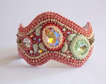 Summer - Lily bracelet , cuff ,Bead Embroidery, Trending jewelry , Seed bead bracelet, modern style,