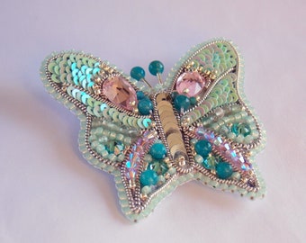 Mint butterfly  brooch , Bead Embroidery,  Brooch,  Seed bead jewelry, Elegant brooch,  Swarovski, Spring jewelry, Apatite  gemstone