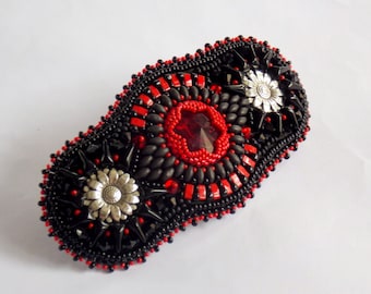 Red and black, Swarovski jewelry,  Hair pin ,Bead embroidery, Seed bead hair jewelry, hair clip,