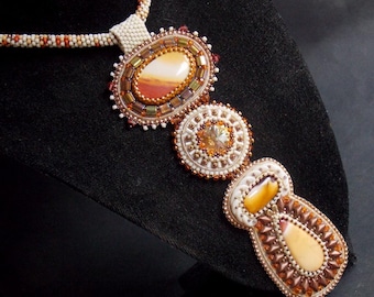 Autumn leaves, Bead with crochet chain , mookaite jasper  gemstone ,Swarovski crystal, Bead Embroidery, Seed beaded jewelry