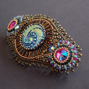 Pirates barrette, Bead embroidery , Swarovski jewelry, Czech glass button, Seed bead hair jewelry, hair clip, Fuchsia, patina iris
