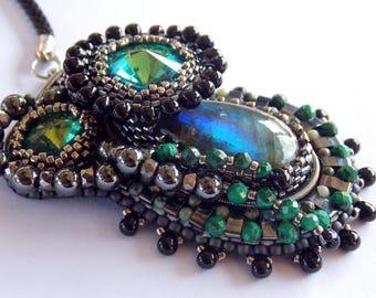 Sphinx necklace ,Bead Embroidery, Gemstone pendant , Necklace, Statement jewelry ,Labradorite, malachite, turquoise