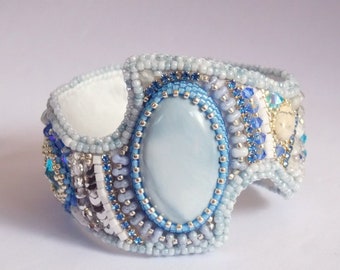 Summer sky ,Statement cuff, Summer colors, blue opal gemstone , Swarovski bracelet  ,Modern style , Bead Embroidery,Seed bead bracelet,