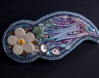 Fairy garden, Bead embroidery , Swarovski jewelry, Ceramic flower , Seed bead hair jewelry, hair clip, faceted aquamarine and fluorite beads