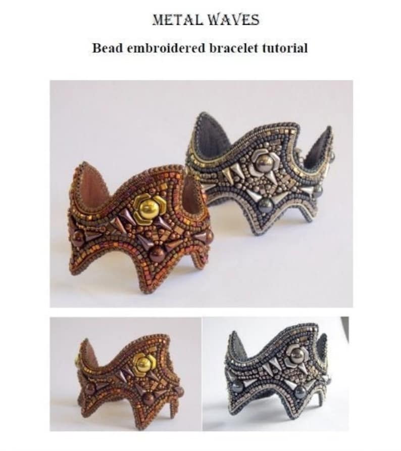 May include: Image of two bead-embroidered bracelets with a tutorial title "METAL WAVES". The bracelets are in shades of brown, gold, and silver. The bracelets have a unique, curved design, and are adorned with various beads.
