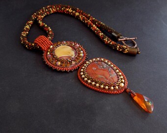 Autumn , Bead with crochet chain , mookaite and moligano jasper  gemstone ,Swarovski crystal, Bead Embroidery, Seed beaded jewelry
