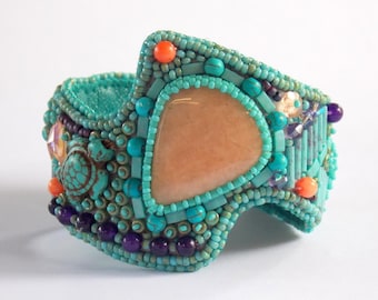 Cheerfulness cuff , Bead Embroidery Bracelet, Statement, Beadwork, Seed bead bracelet, Gemstone bracelet, Luxury jewelry , Summer  colors,