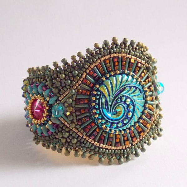 Pirates treasure cuff , Bead Embroidery Bracelet, Statement, Beadwork, Seed bead bracelet, Gold, Patina, Blue, Swarovski